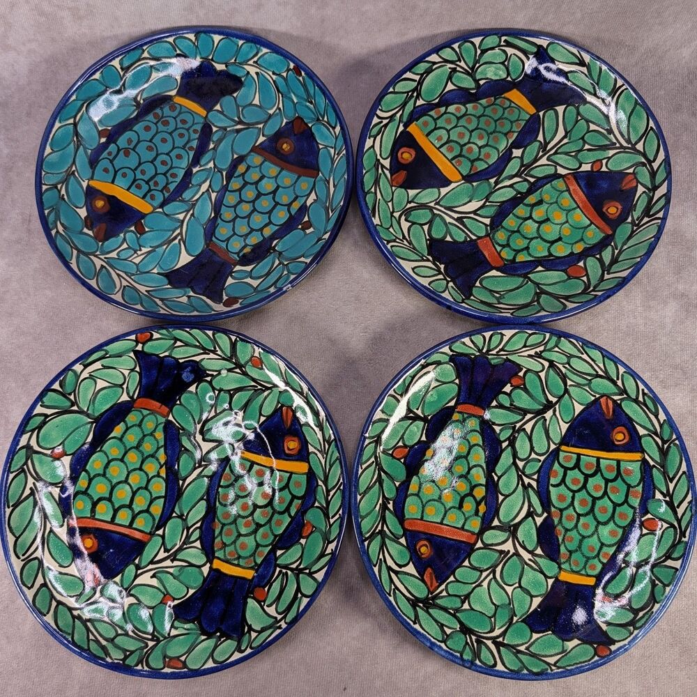 JMB Mexico Talavera Pottery 7.5" Fish Plate Set Of 4 Hand Painted Folk Art